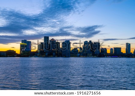 Boston City Skyscrapers, Custom House and Boston Waterfront at sunset from East Boston, Boston, Massachusetts MA, USA.