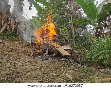 Outdoor scenery in the afternoon with fire burning in the garden.