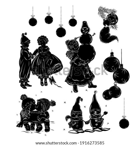Vector set of clip art merry Christmas icons. Christmas balls, children, snowman, cat, kissing couple. Decor for postcards