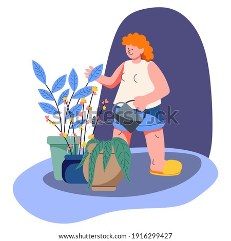 The girl smiles and watering houseplants in pots. Indoor hobby.  Minimalistic flat style cute illustration. Isolated