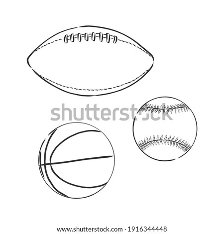 vector sketch illustration - sport balls: basketball, rugby, baseball, sports balls, rugby, baseball, basketball, vector sketch on white background