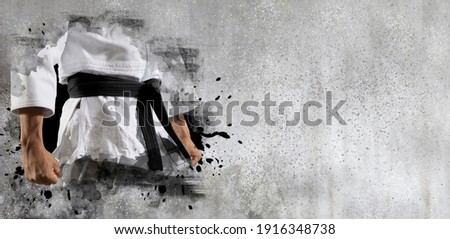 Martial arts master on wall background. Sports banner. Horizontal copy space background Royalty-Free Stock Photo #1916348738