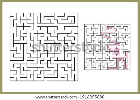 Maze for kids. Abstract square maze. Find the path to the gift. Game for kids. Puzzle for children. Labyrinth conundrum. Flat vector illustration isolated on white background. With answer Royalty-Free Stock Photo #1916355680