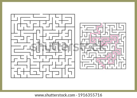 Maze for kids. Abstract square maze. Find the path to the gift. Game for kids. Puzzle for children. Labyrinth conundrum. Flat vector illustration isolated on white background. With answer Royalty-Free Stock Photo #1916355716