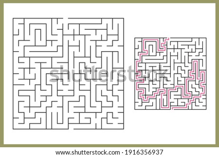 Maze for kids. Abstract square maze. Find the path to the gift. Game for kids. Puzzle for children. Labyrinth conundrum. Flat vector illustration isolated on white background. With answer Royalty-Free Stock Photo #1916356937