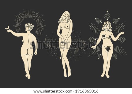 Vintage vintage engraving style. Abstract woman silhouette. Spiritual origin of the universe of magic and space, phases of the moon