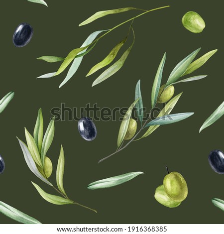 Olive branch and fruit seamless pattern. Hand drawn elegant olive branches in watercolor pattern on dark background. Green and black ripe olives with leaves. Realistic botanical illustration
