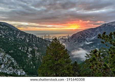 Sunrise landscape in Greece Olympus mountains ridge