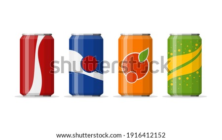 Soda in colored aluminum cans set icons isolated on white background. Soft drinks sign. Carbonated non-alcoholic water with different flavors. Drinks in colored packaging. Vector illustration Royalty-Free Stock Photo #1916412152