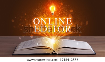 ONLINE EDITOR inscription coming out from an open book, educational concept