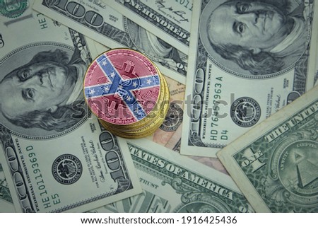golden shining bitcoins with confederate jack flag on a dollar money background. bitcoin mining concept.
