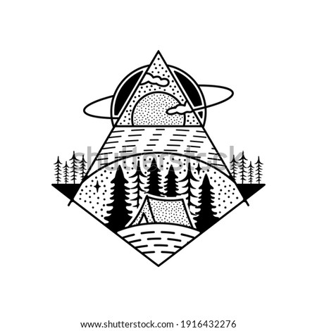Camping adventure tattoo design. Outdoor crest logo with hike tent scene. Travel silhouette label isolated. Sacred geometry. Stock vector graphics emblem