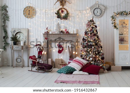 Christmas tree in classic red and white color. 