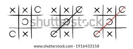 Tic tac toe in Hand drawn style. Doodle black line tic tac toe templates isolated on white background. Vector illustration. Royalty-Free Stock Photo #1916433158