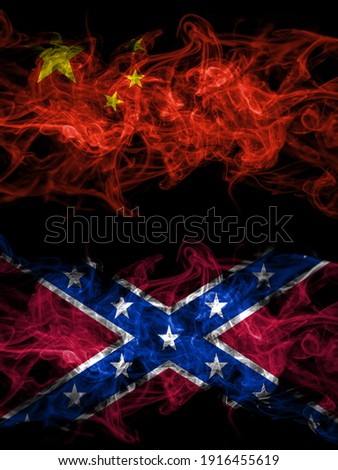China, Chinese vs United States of America, America, US, USA, American, Confederate Navy Jack smoky mystic flags placed side by side. Thick colored silky abstract smoke flags.