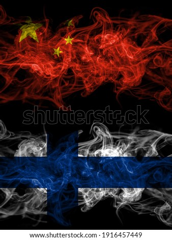 China, Chinese vs Finland, Finnish smoky mystic flags placed side by side. Thick colored silky abstract smoke flags.