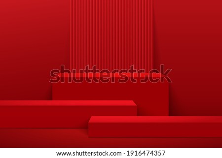 Abstract vector rendering 3d shape for placing the product display with copy space. Modern red color step cube podium with empty room background. Minimal studio room concept. Vector illustration