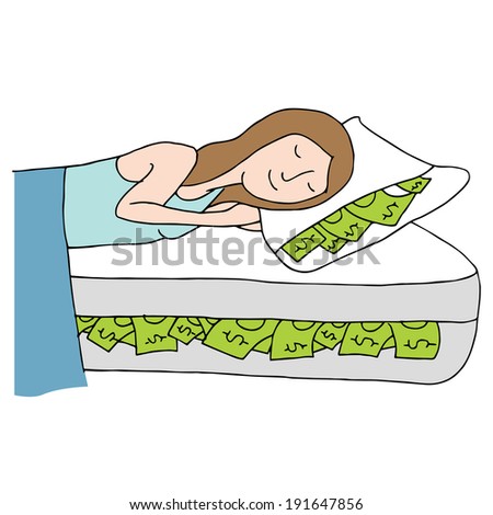 An image of a woman sleeping on a bed of cash.