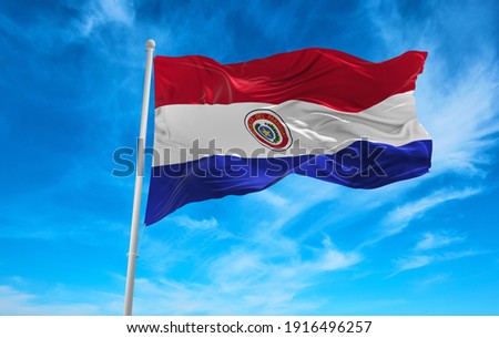 Large Paraguay flag waving in the wind Royalty-Free Stock Photo #1916496257