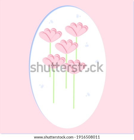 March 8. International Women's Day greeting card, pink flowers , blue background, pink oval frame, stock illustration
