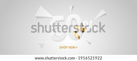 50 percent off discount sale background. White 3D number with percent sign and golden ribbon. Promotion template design.
 Royalty-Free Stock Photo #1916521922