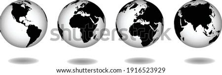 Globe world map, perspective from America, Africa, Europe and Asia 