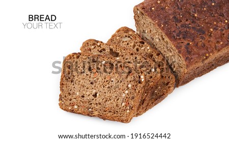 Loaf Of Whole Grain Bread. Detailed close-up of sliced grain bread on white background. Homemade healthy bread. Bakery - gold rustic crusty loaves of bread and buns. Flat lay. Food concept. 