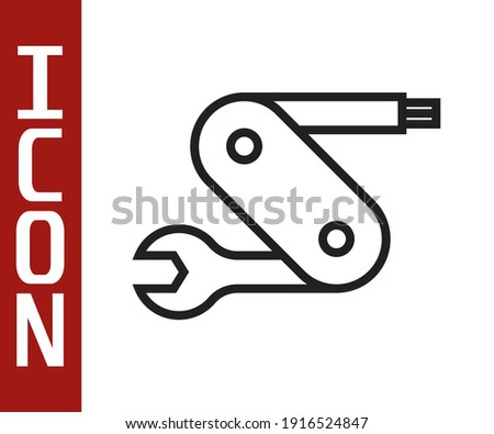 Black line Swiss army knife icon isolated on white background. Multi-tool, multipurpose penknife. Multifunctional tool.  Vector