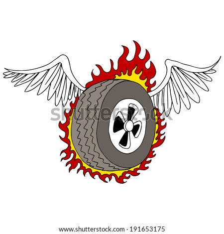 An image of a winged tire with flames.