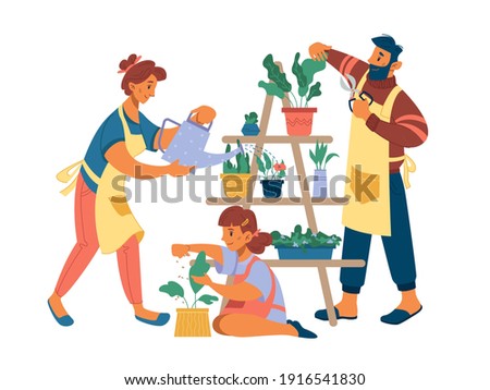 People mother father and girl planting flowers at home isolated flat cartoon characters. Vector wife watering plants, husband cutting leaves by cutters, daughter fertilize plant, hobby leisure time