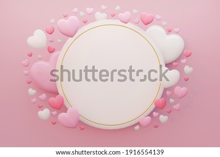 Minimal sale background for Valentine's Day with hearts and round copyspace. Illustration for website, posters, ads, coupons. Love, spring and valentine concept. 3d render illustration.