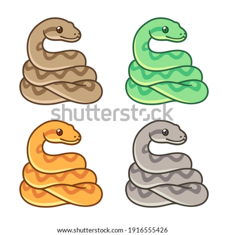 Cute cartoon snake drawing set, different colors. Ball python, boa constrictor, bright pet snake. Isolated vector clip art illustration.