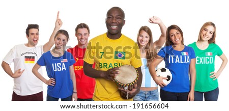 Brazilian football fan with drum and fans from other countries