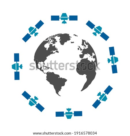 Space satellites in eccentric orbits around the Earth. Vector illustration