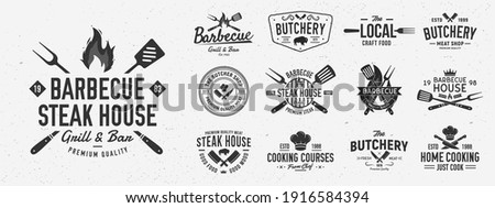 Vintage Barbecue logo set. Set of 13 bbq logo templates. Steak House, cafe, restaurant menu. BBQ, Butchery, Restaurant, Cooking class, Grill emblems. Trendy vintage hipster design. Vector illustration Royalty-Free Stock Photo #1916584394