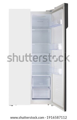 Major appliance - Front view white One open door two-door side by side refrigerator fridge on a white background. Isolated Royalty-Free Stock Photo #1916587112