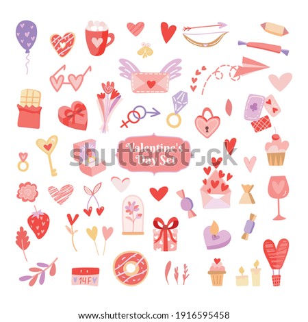 Valentine's Day set. Heart, gifts, flowers, bra, sweets. Fall in love. Template for stickers, congratulations, scrapbooking congratulations invitations planners Vector illustration