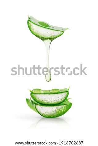 Aloe vera gel dripping over sliced leaves isolated on white background. Skin care concept Royalty-Free Stock Photo #1916702687