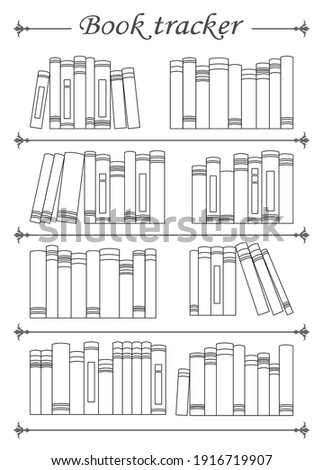Printable Book Tracker. Many books on a bookshelf vector illustration Royalty-Free Stock Photo #1916719907