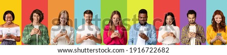 Phubbing and internet addiction concept. Collage with diverse young people stuck in cellphones, studying, working, browsing web or social media on colorful studio backgrounds, banner design Royalty-Free Stock Photo #1916722682
