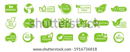 Set of organic, eco, vegan, bio food labels. Collection logos for healthy food. Green emblems for promotion natural products. Vector illustration. Royalty-Free Stock Photo #1916736818