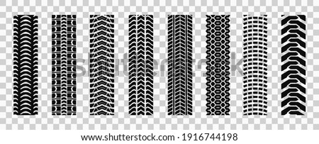 Machinery tires track set, tire ground imprints isolated, vehicles tires footprints, tread brushes, seamless transport ground trace or marks textures, wheel treads - vector Royalty-Free Stock Photo #1916744198