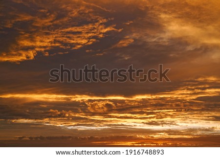 Golden sky: picture of a beautiful sunrise, dramatic warm clouds on the sky; color photo.