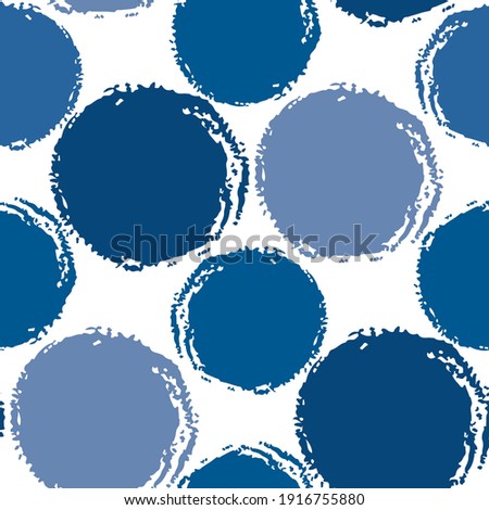Blue ink circles isolated on white background. Cute geometric seamless pattern. Vector flat graphic hand drawn illustration. Texture.