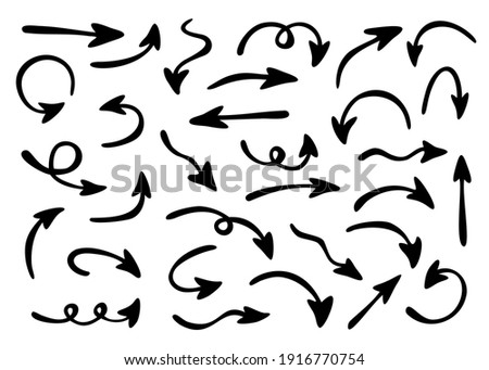 Large vector set of arrows pointing in different directions. Hand drawn, doodle elements isolated on white background