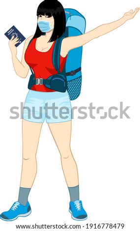 vector girl traveler with mask and Coronavirus Immune passport