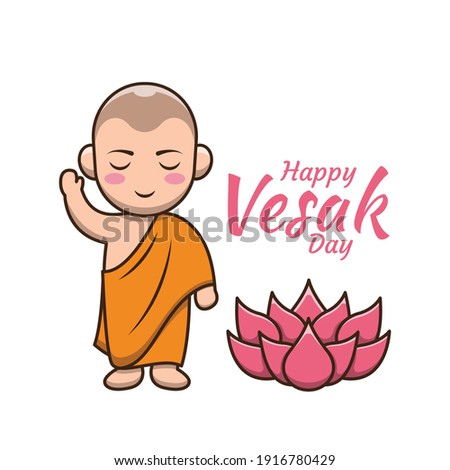 Happy vesak day with cute monk cartoon illustration