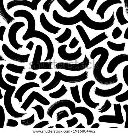 Geometric vector seamless pattern in Memphis style. Grunge rough brushstrokes, wavy lines, dashes, triangles. Hand drawn black ink illustration. Hipster black paint geometric background. Royalty-Free Stock Photo #1916804462