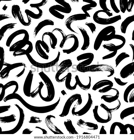 Wavy and swirled brush strokes vector seamless pattern. Black paint freehand scribbles, abstract ink background. Brushstrokes, smears, lines, squiggle pattern. Abstract wallpaper design, textile print
