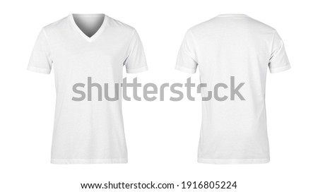 Realistic White unisex t shirt front and back mockup isolated on white background with clipping path. Royalty-Free Stock Photo #1916805224